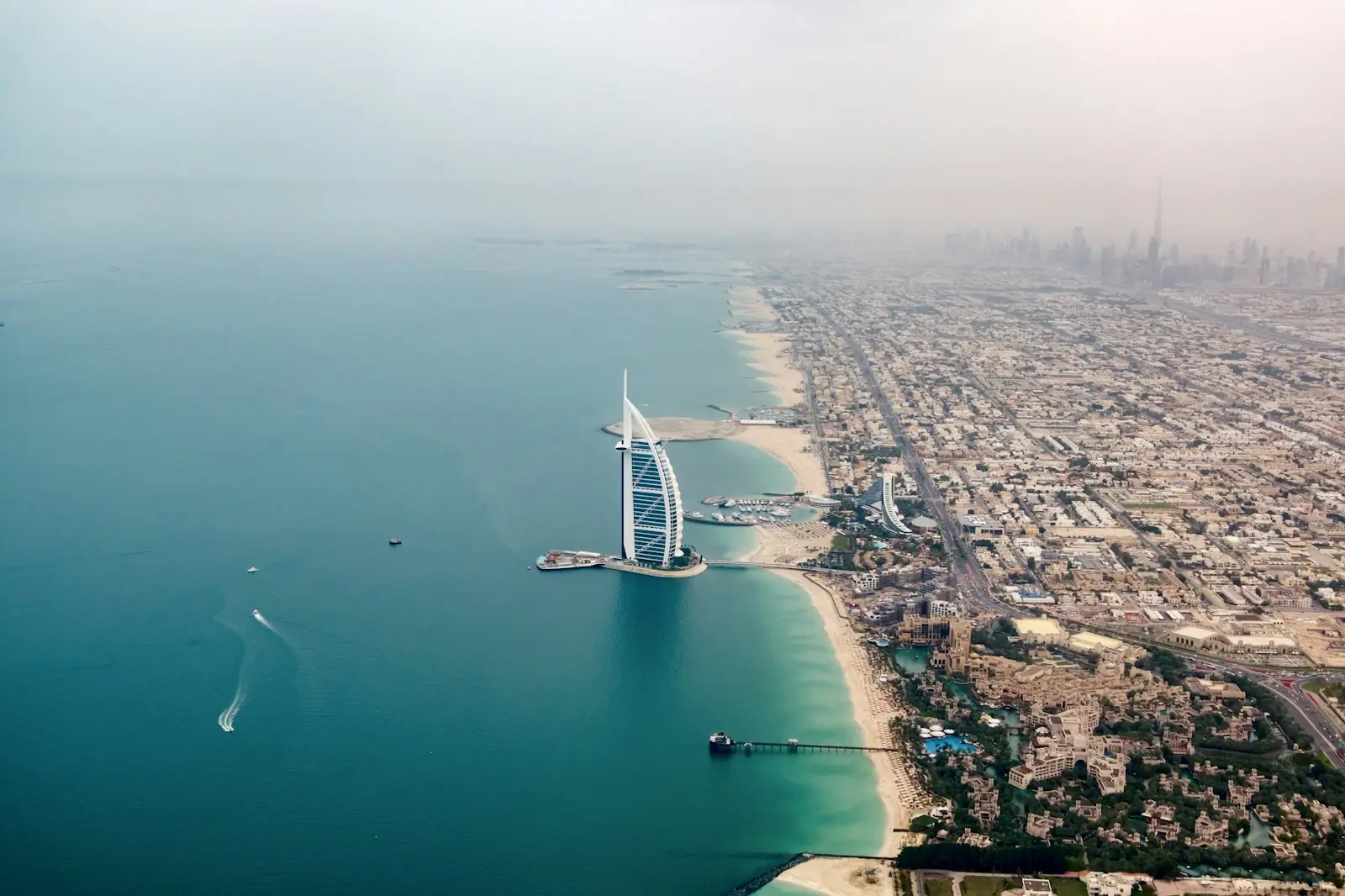 Aerial view of the Burj Al Arab and the Jumeirah coastline in Dubai