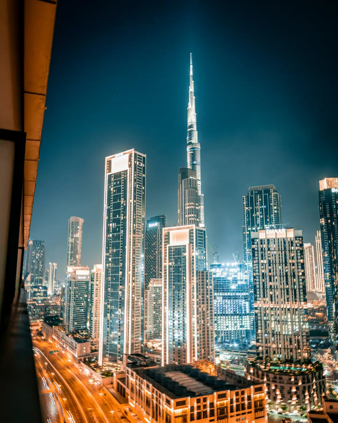 Downtown Dubai towers at night